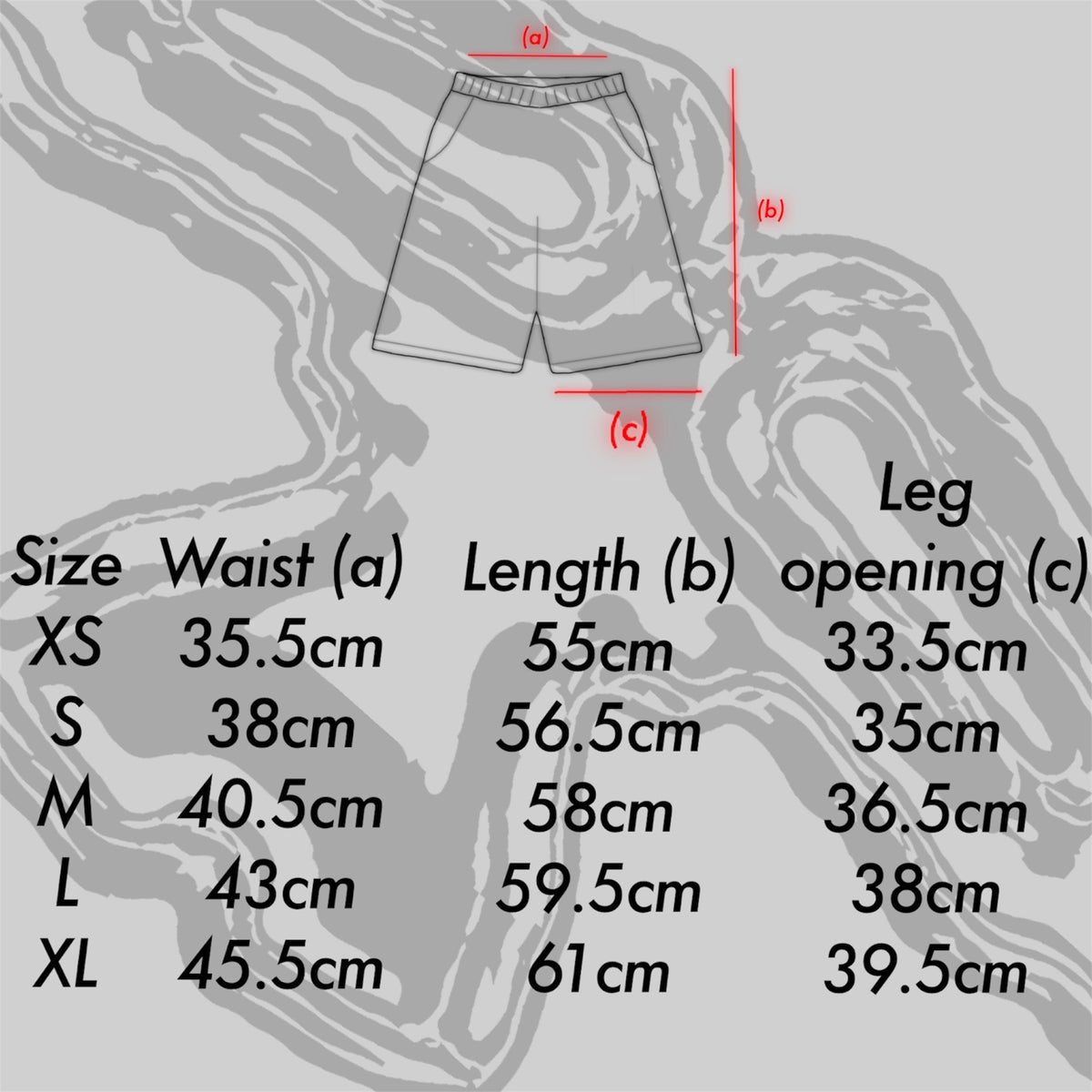5Loop Danger Zone tracky shorts size guide with waist, length and leg opening measurements in centimetres
