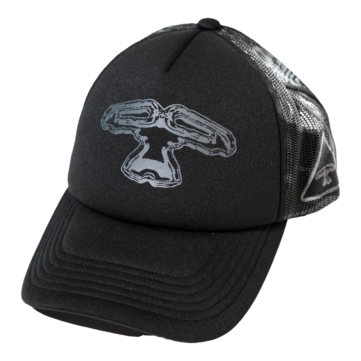 5Loop Cap Tribullets black trucker cap, front view with printed logo and curved brim