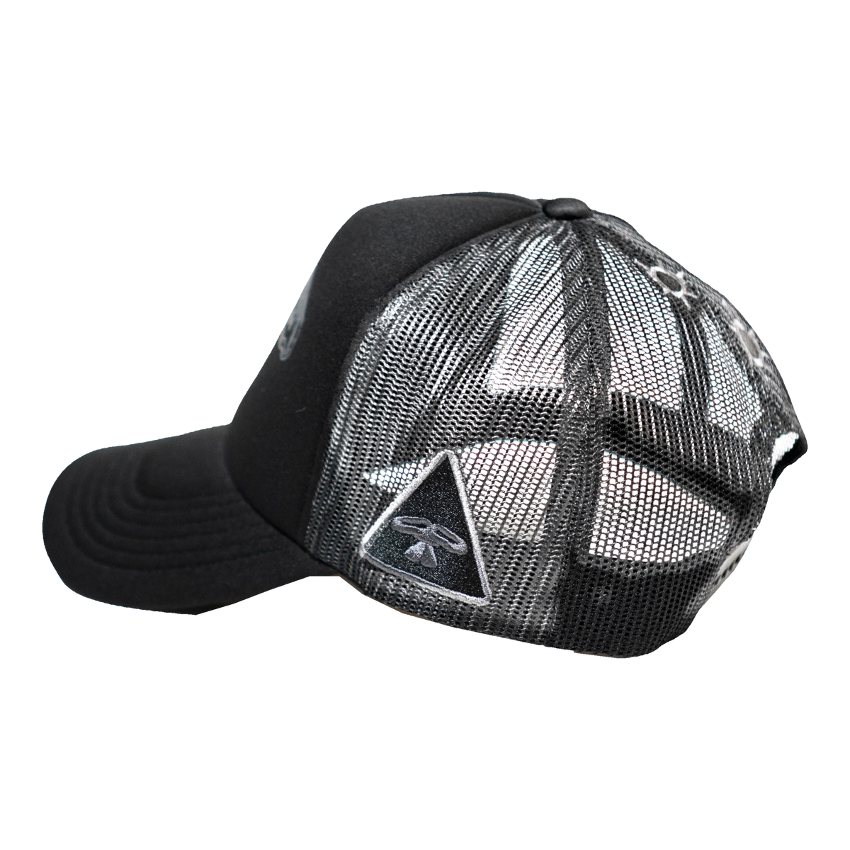 5Loop Cap Tribullets black trucker cap, side and back view showing mesh panels and embroidered logos