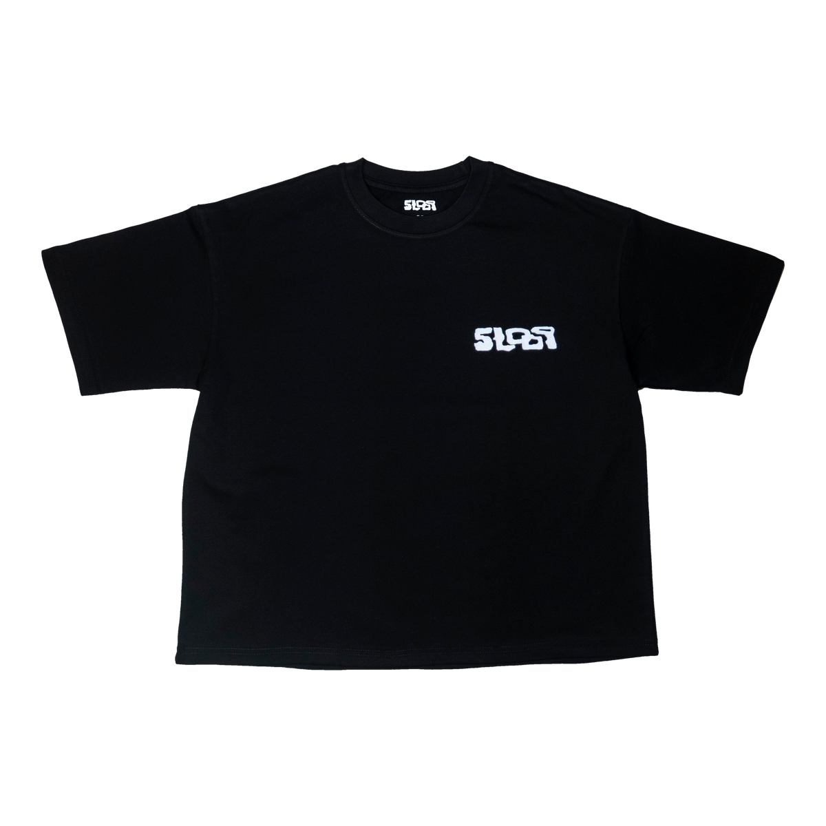 5Loop Chrome Arms black T-shirt, front view with chest logo and boxy cropped fit
