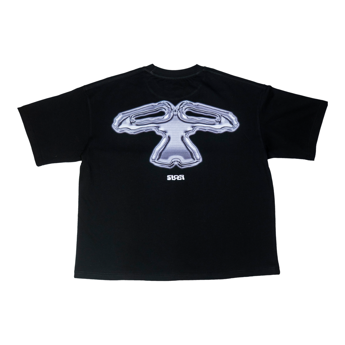 5Loop Chrome Arms black T-shirt, back view with large graphic print