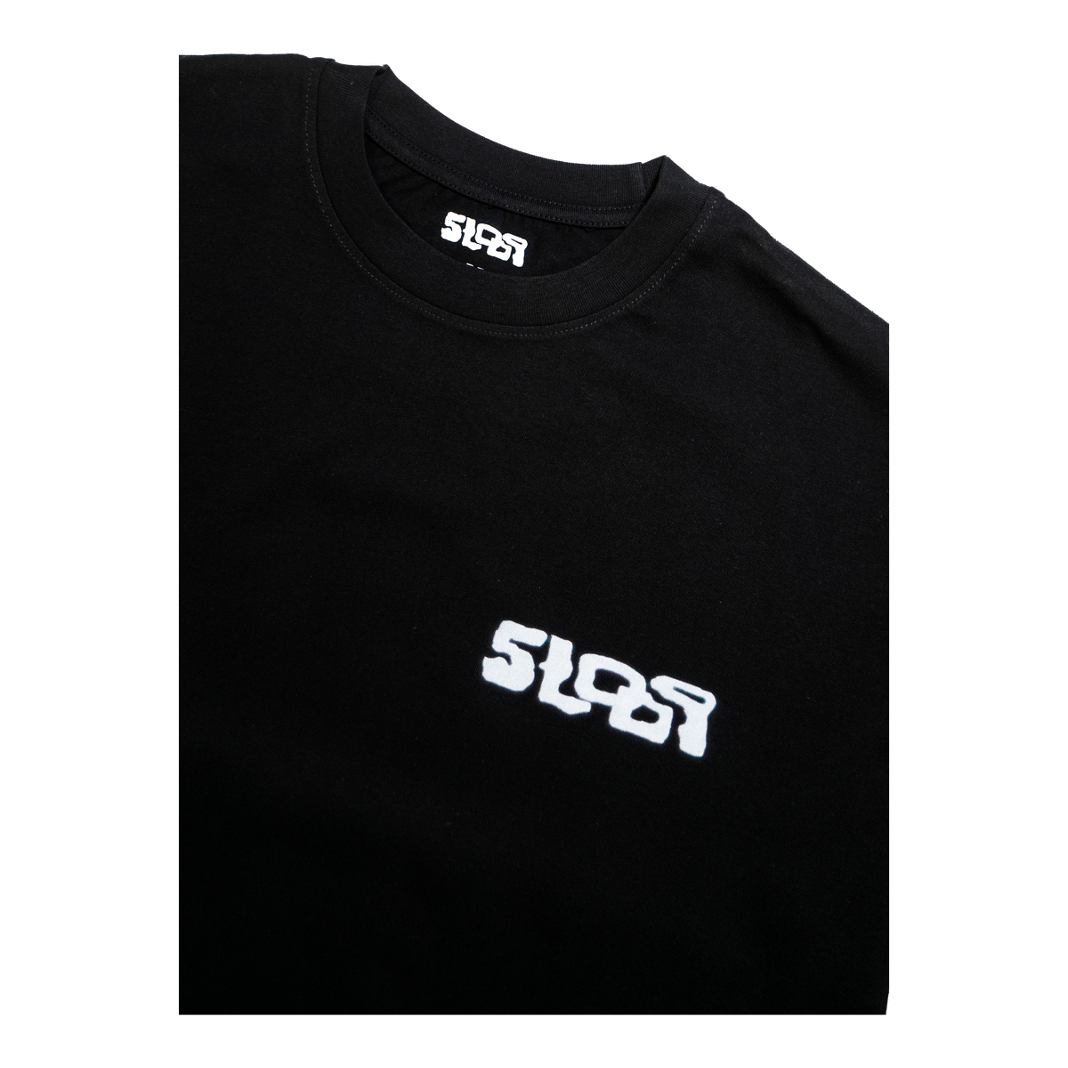 5Loop Chrome Arms black T-shirt, close-up of the chest logo and neckline