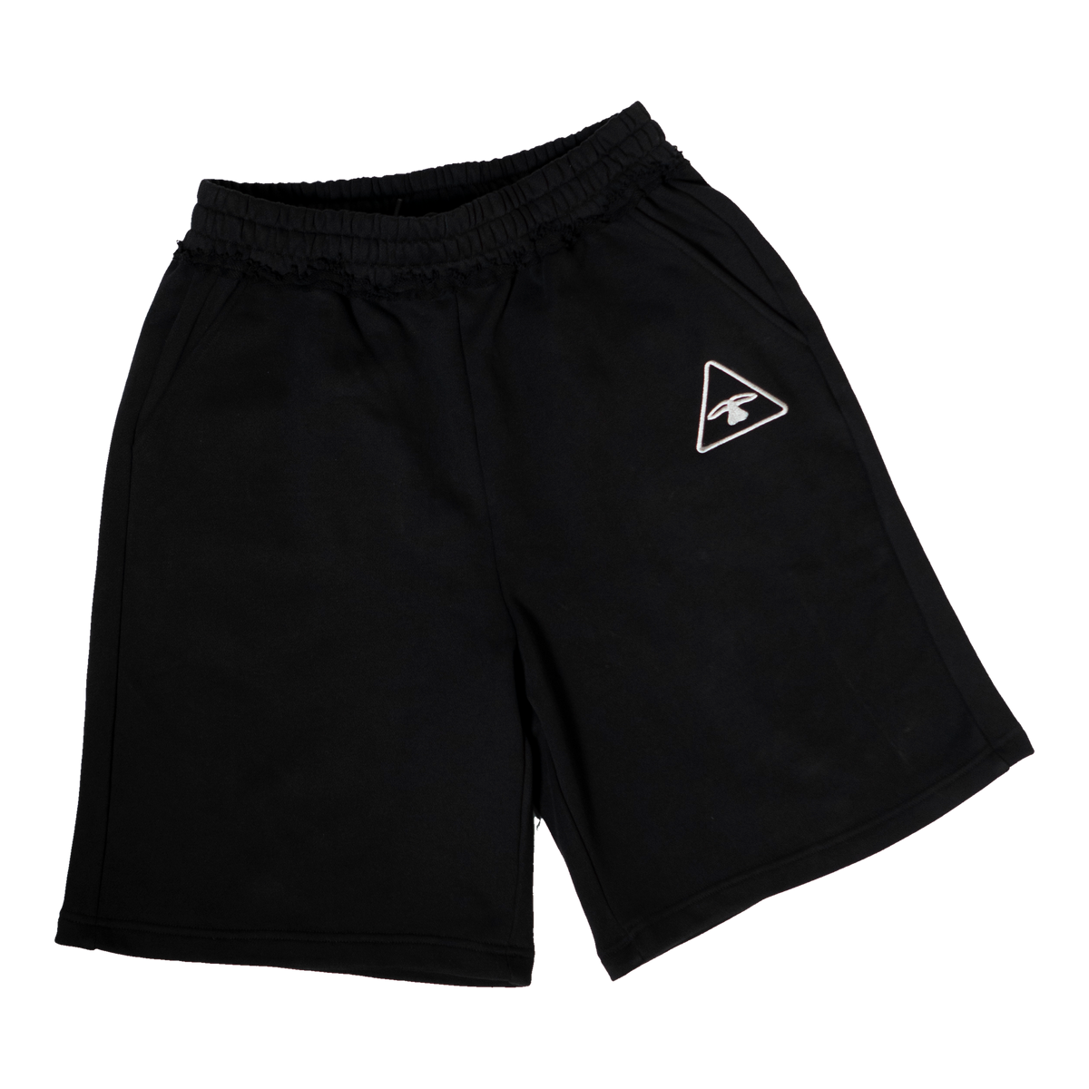 5Loop Danger Zone black tracky shorts, front view with triangle logo and elastic waistband