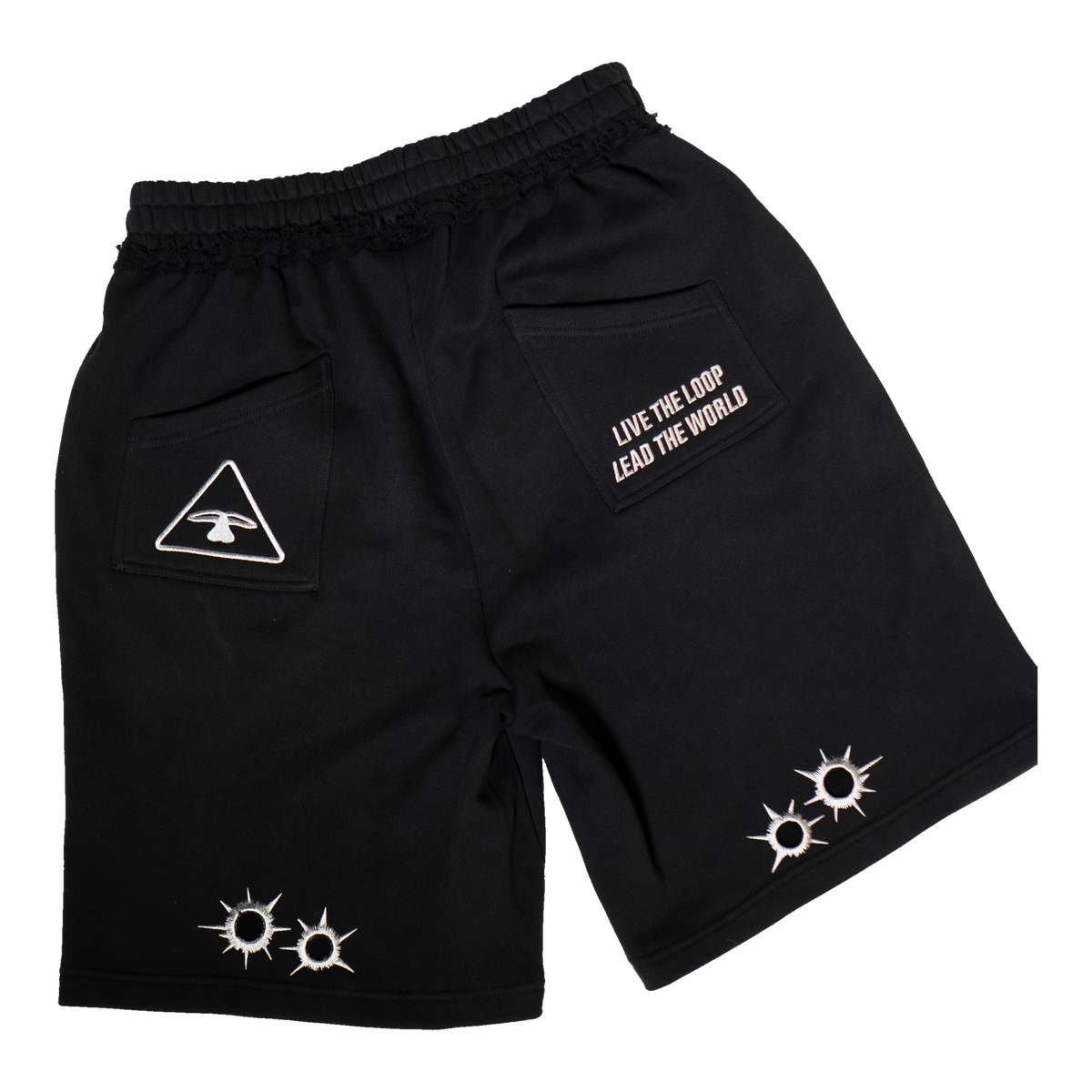 5Loop Danger Zone black tracky shorts, back view with embroidered pockets and distressed details