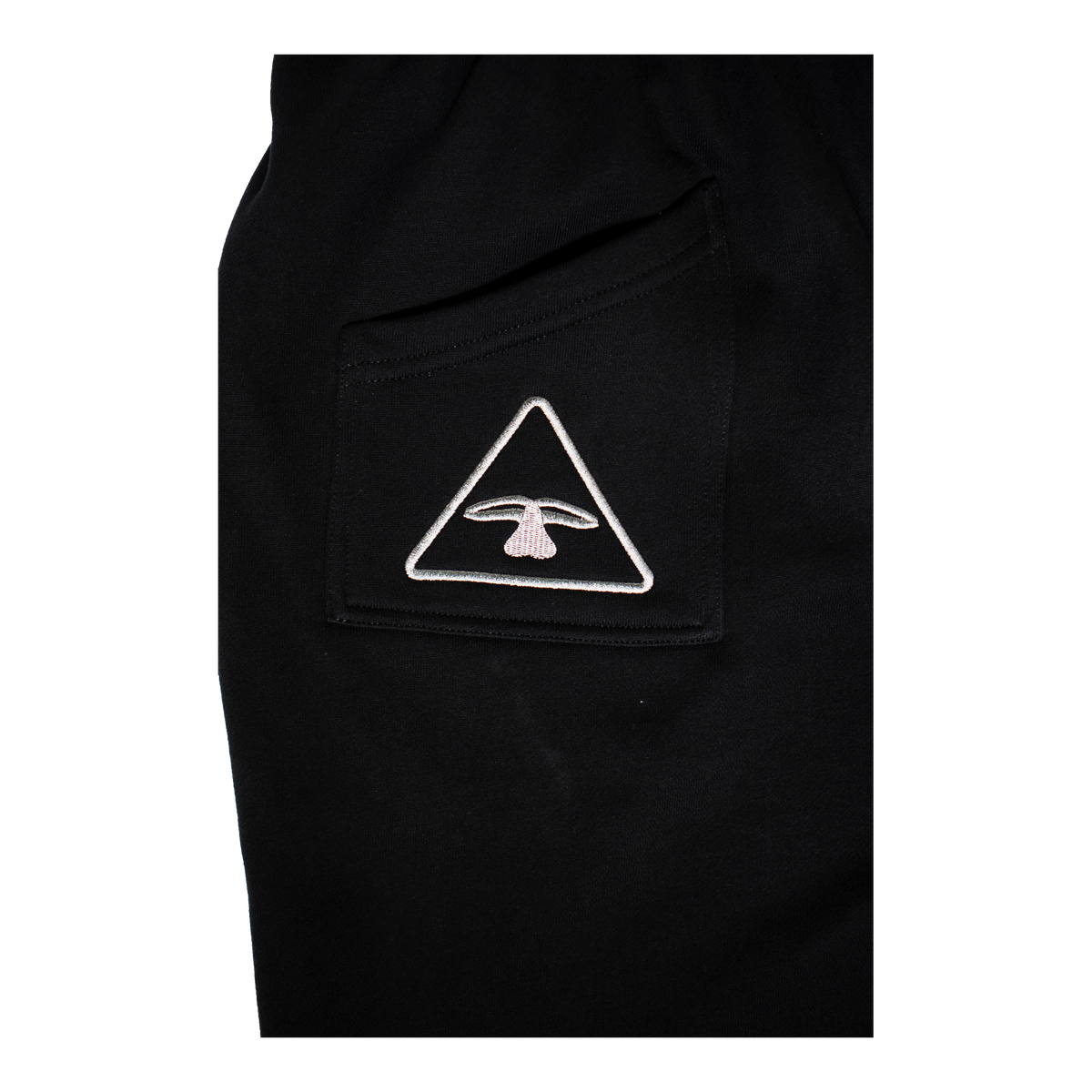 5Loop Danger Zone tracky shorts, close-up of the embroidered triangle logo on the back pocket