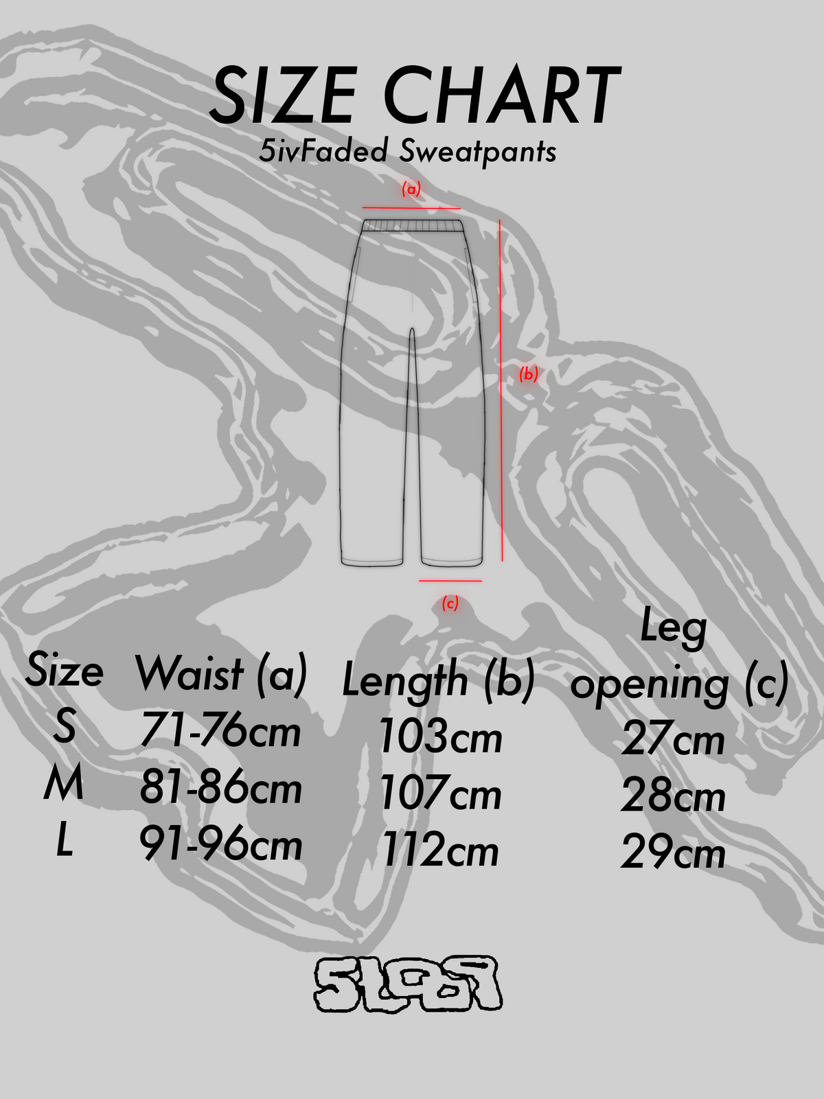 5Loop 5ivFaded sweatpants size guide with waist, length and leg opening measurements in centimetres
