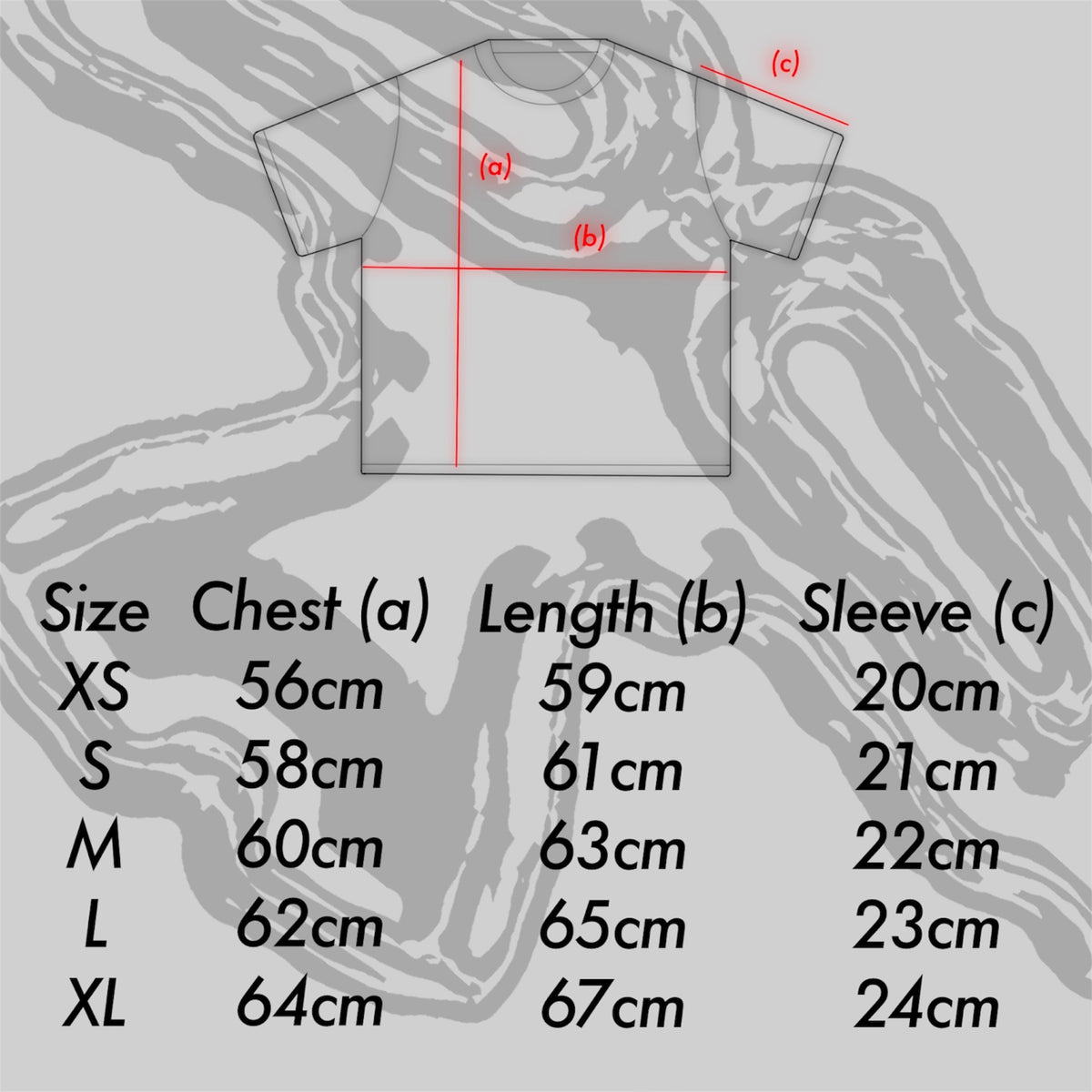 5Loop 5IVFADED T-shirt size guide with chest, length and sleeve measurements in centimetres