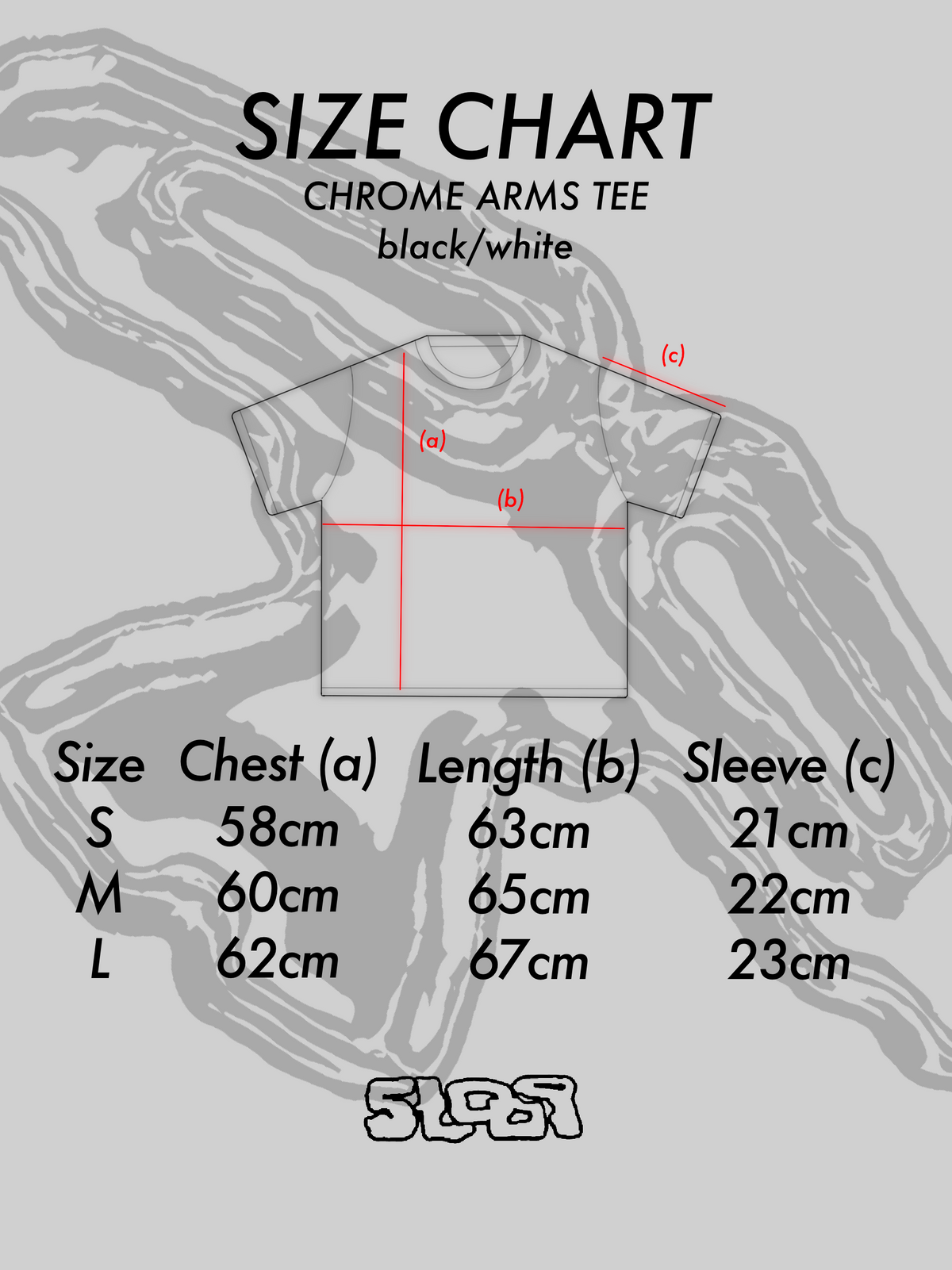 5Loop Chrome Arms T-shirt size guide with chest, length and sleeve measurements in centimetres