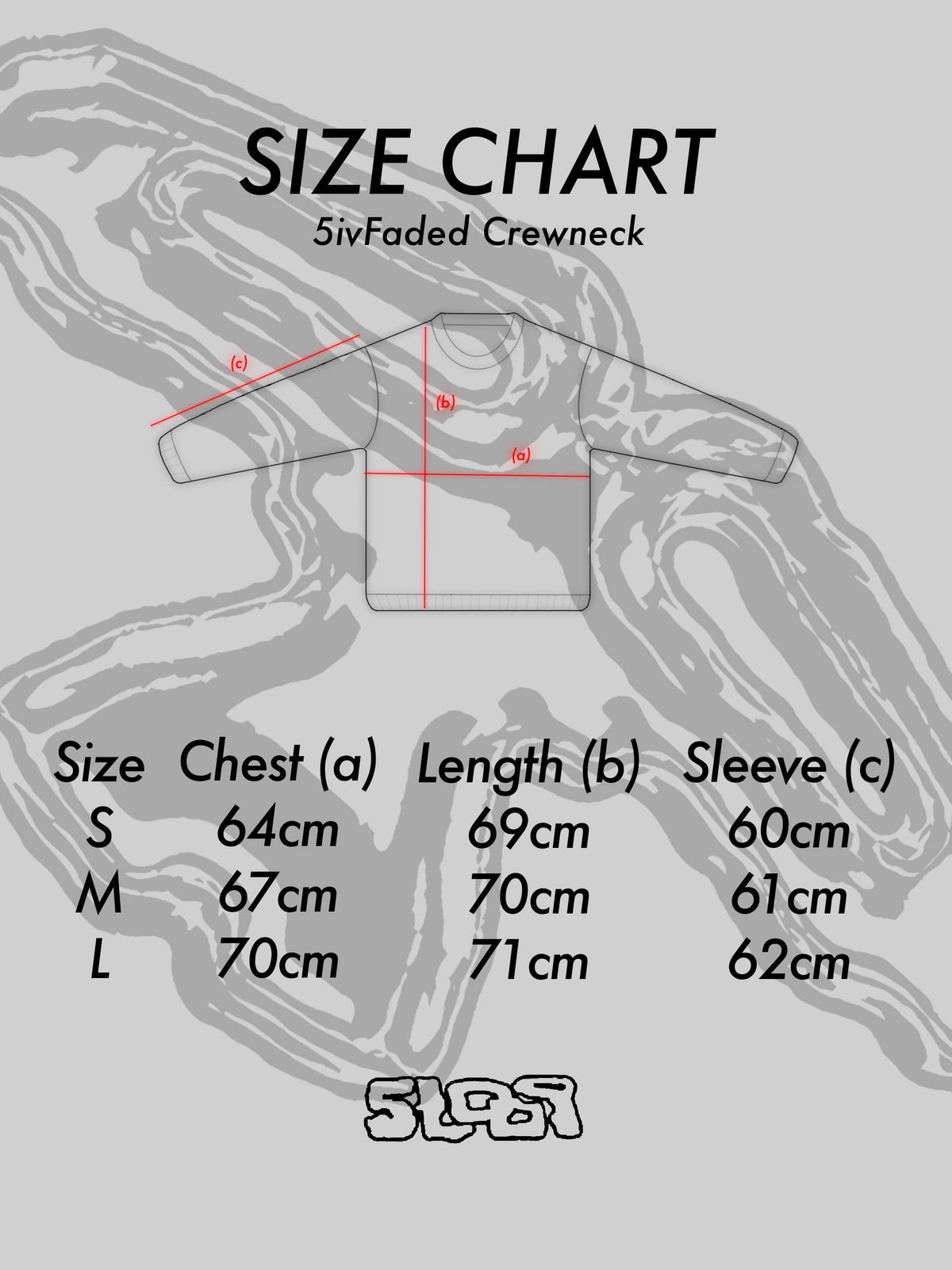 5Loop 5ivFaded crewneck sweatshirt size guide with chest, length and sleeve measurements in centimetres
